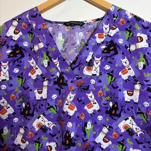 Cassandra O XL Halloween Scrub Top Purple Llama Ghost Pumpkin Nurse Shirt